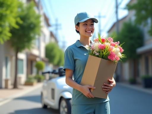 配達員が花束を届けるイメージ、迅速なサービスの象徴